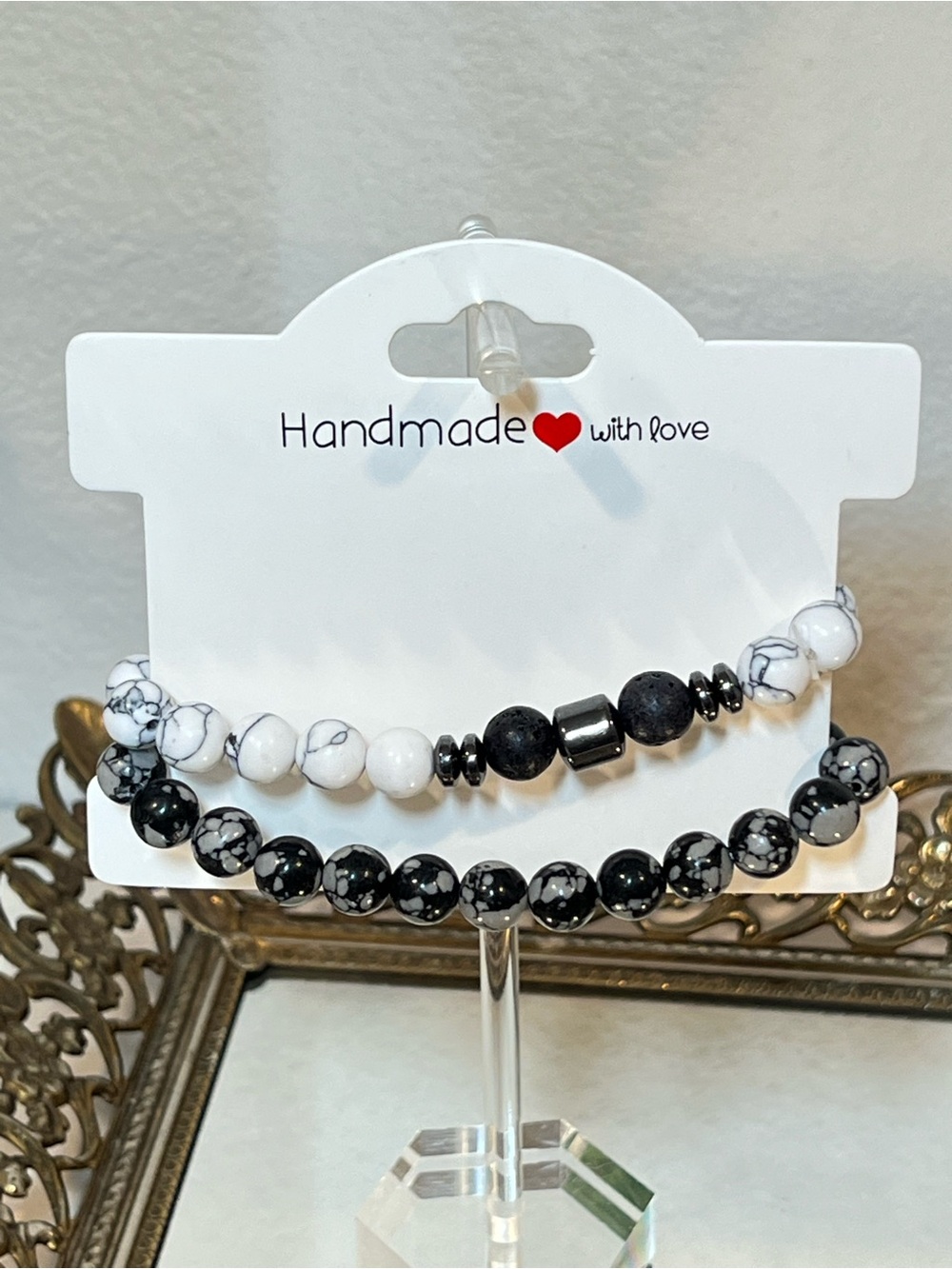 ☀️2/$20 Black and White Beaded Stretch Bracelet Set | Howlite & Spiderweb Agate